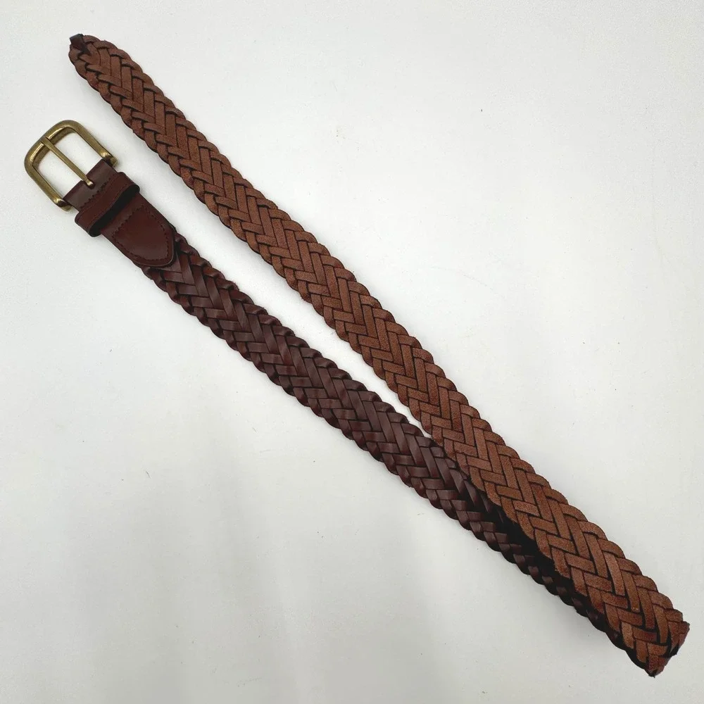 Woven Braided Leather Belt Mens Size M Brown Brass-Tone Buckle Casual Dress